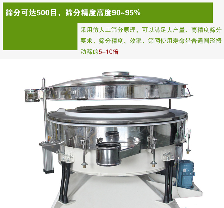 搖擺篩分機(jī)采用仿人工篩分原理，可以滿足大產(chǎn)量、高精度篩分 要求，篩分精度、效率、篩網(wǎng)使用壽命是普通圓形振 動(dòng)篩的5-10倍