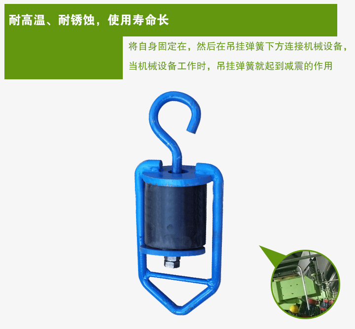 吊掛彈簧將自身固定在，然后在吊掛彈簧下方連接機械設備， 當機械設備工作時，吊掛彈簧就起到減震的作用