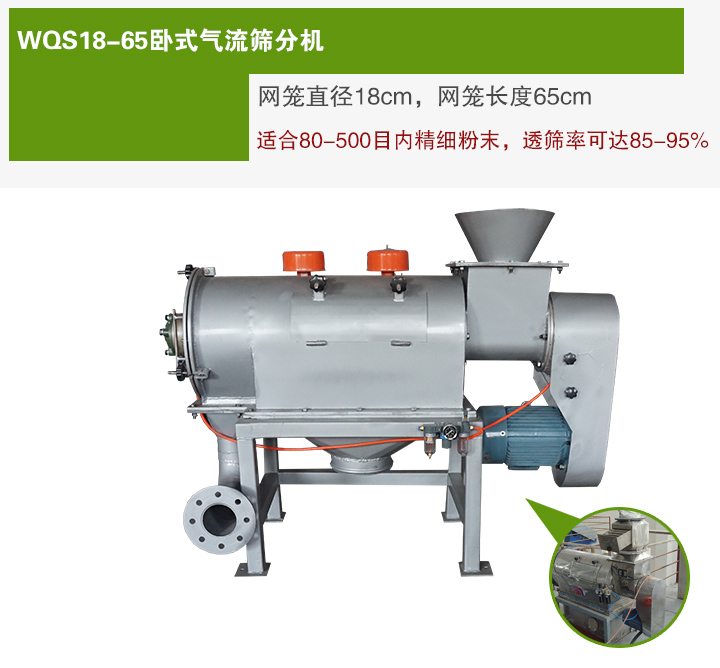 WQS18-65臥式氣流篩分機(jī)網(wǎng)籠直徑為18cm，網(wǎng)籠長(zhǎng)度為65cm